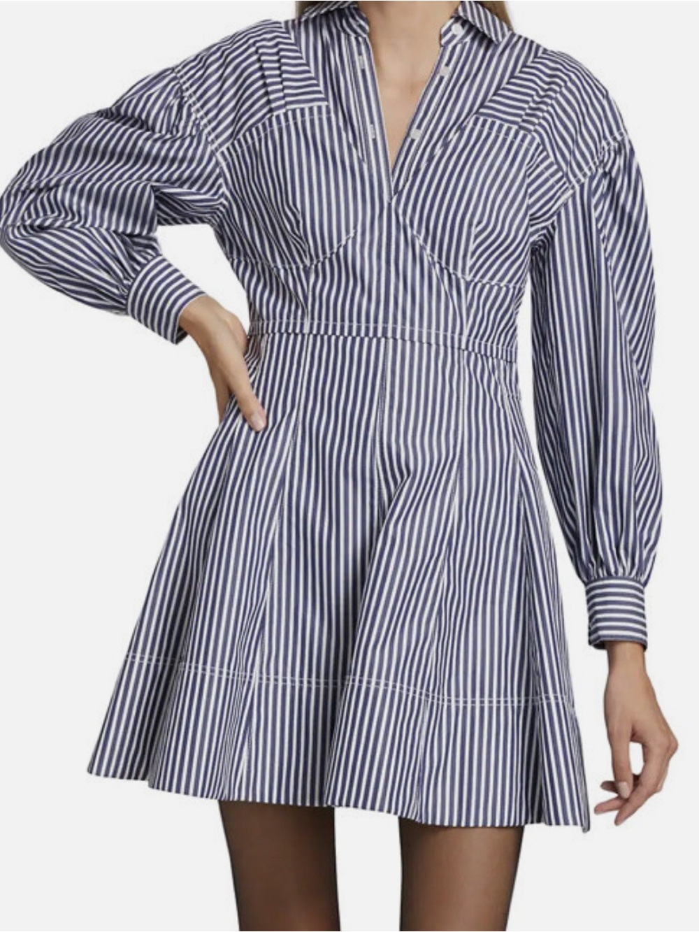 Tanya Taylor Lyra Bustier Puff-Sleeve Mini Shirtdress Blue Striped Dress Sz 4